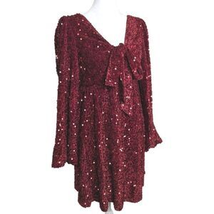 Listicle Bring The Sparkle Burgundy Red Velvet Sequin Long Poet Sleeve Dress M